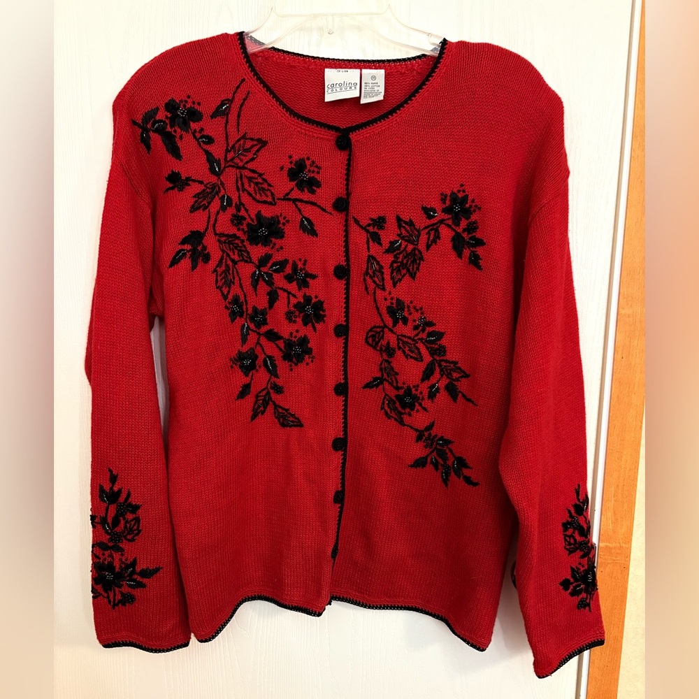 VTG Carolina Colours Sweater Womens M Embroidered Beaded Flowers Cardigan Red